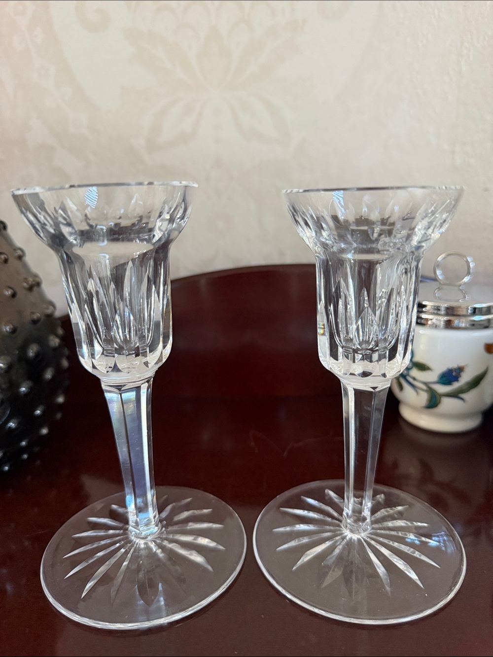 Pair Vintage Waterford Crystal Clear Cut Glass Candle Holders stamped
